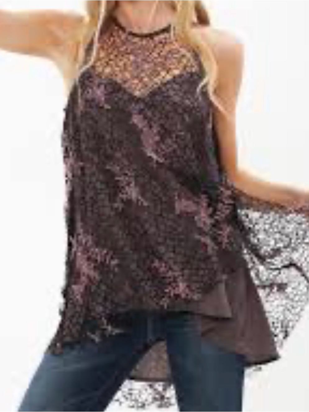 Aratta Silent Journey Lace Overlay Halter Tank Top - Black With Pink Accents